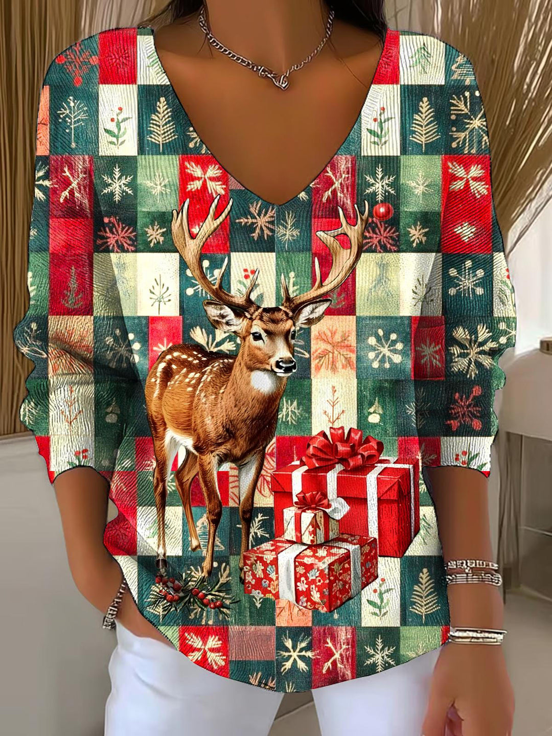 Vintage Christmas Reindeer Print Casual V Neck Pullover Sweater