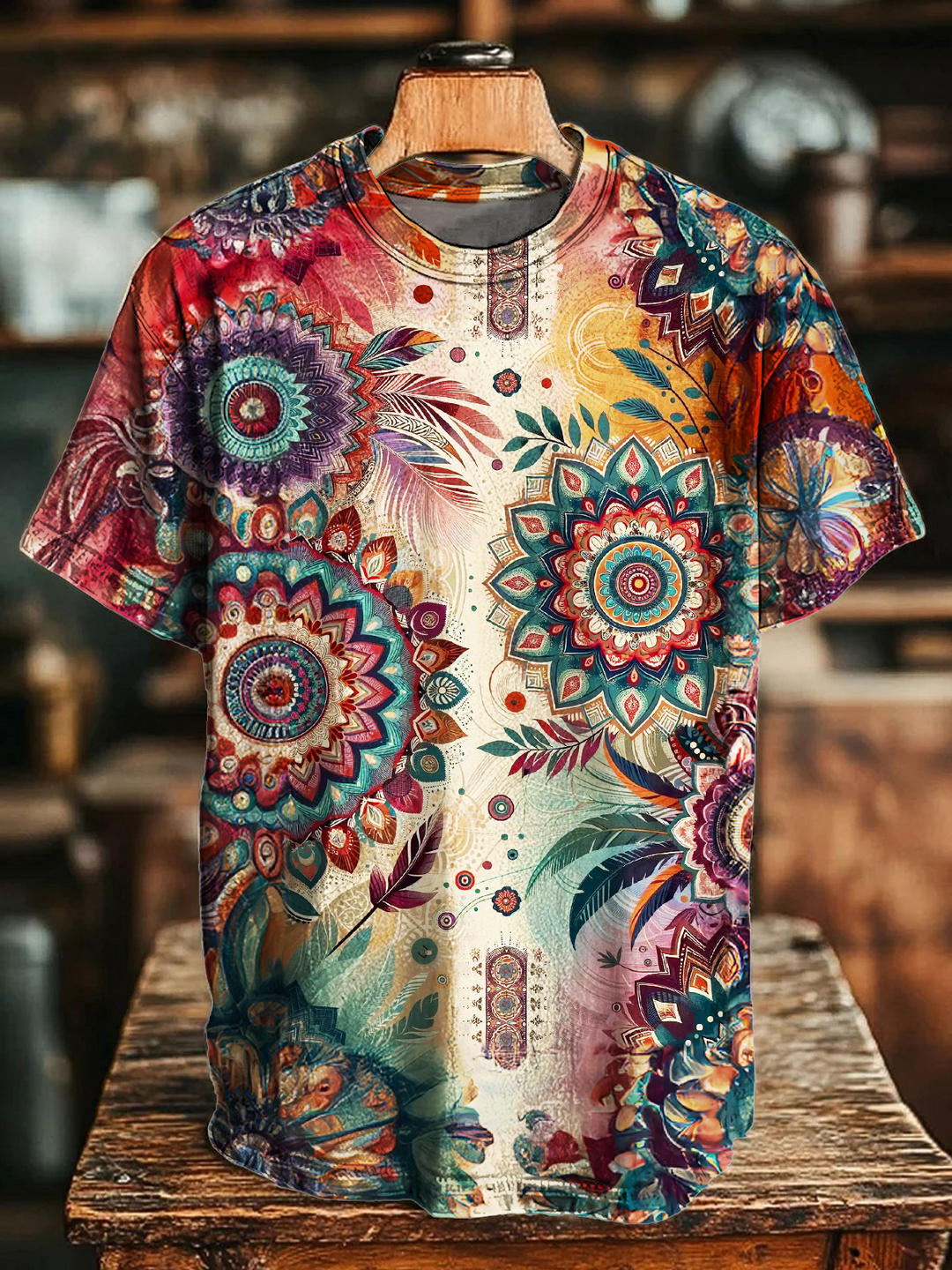 Retro Hippie Ethnic Pattern Art Crew Neck T-shirt