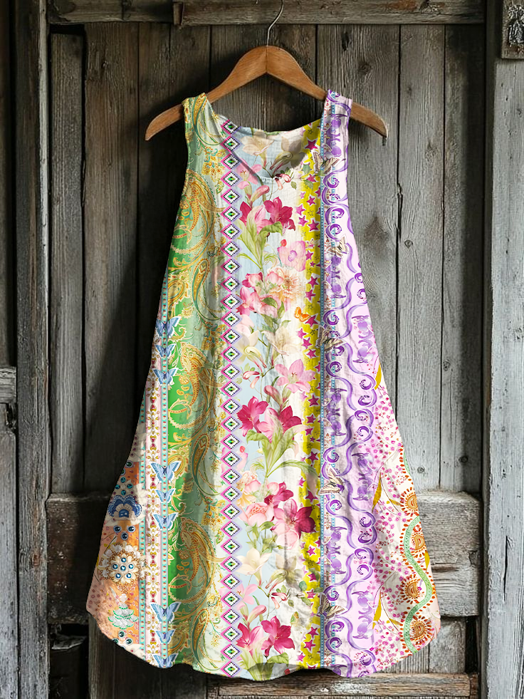 Colorful Bohemian Floral Art Exquisite Hemp Sleeveless V-Neck Dress