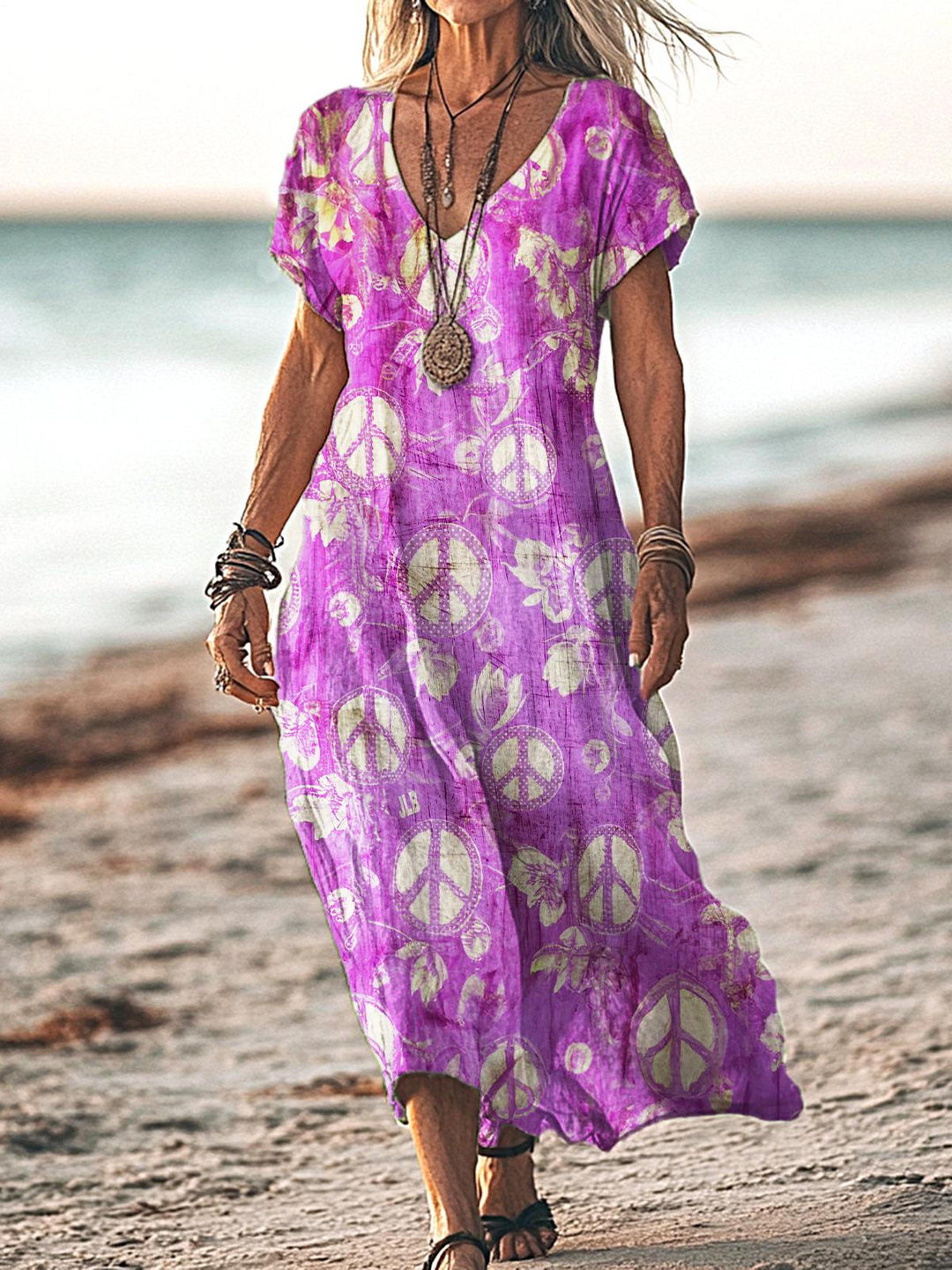 Retro Tie-Dye Hippie V-neck Short Sleeved Long Dress