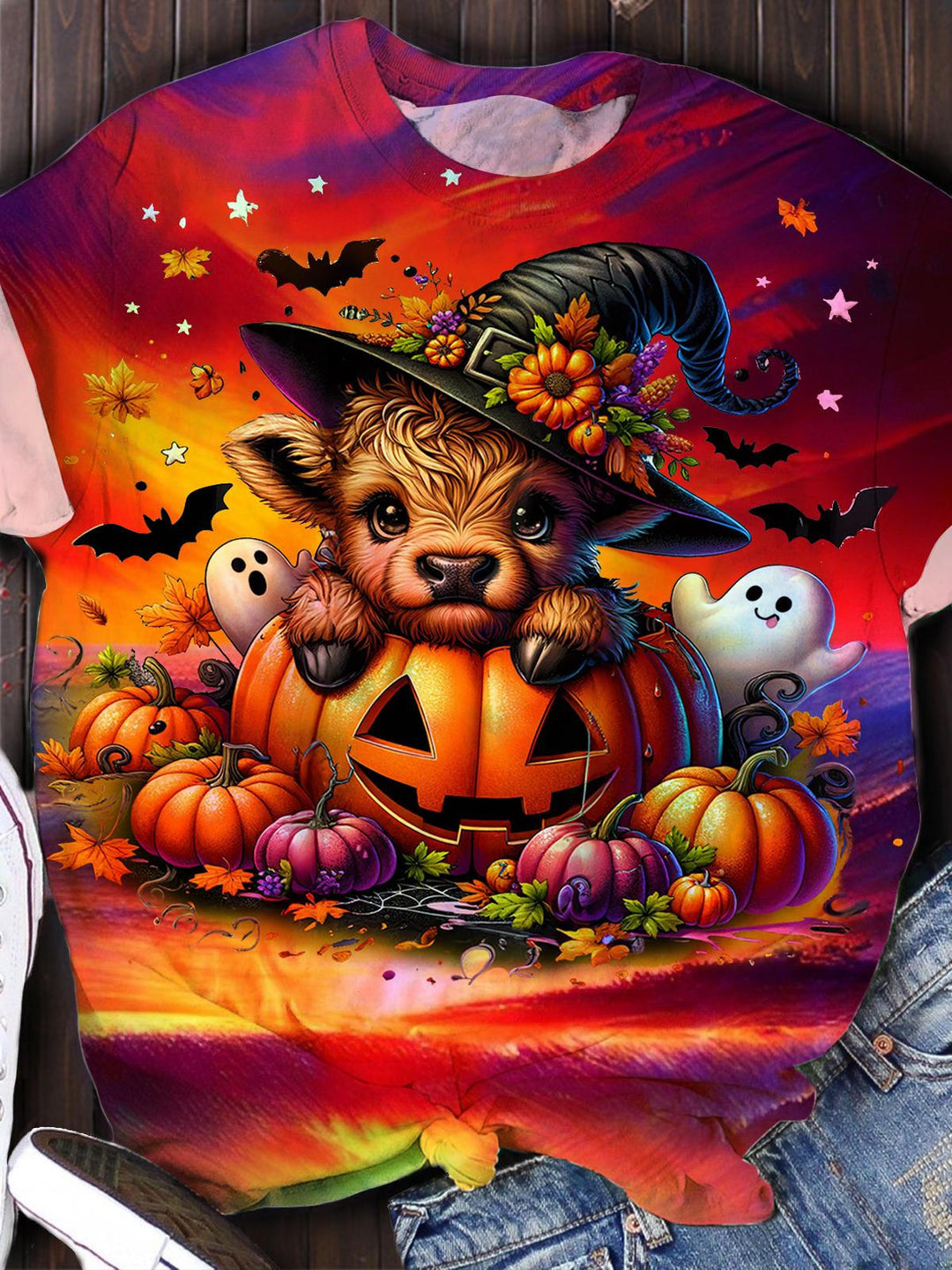 Women's Halloween Cow Pumpkin Gradient Print Short Sleeve T-Shirt