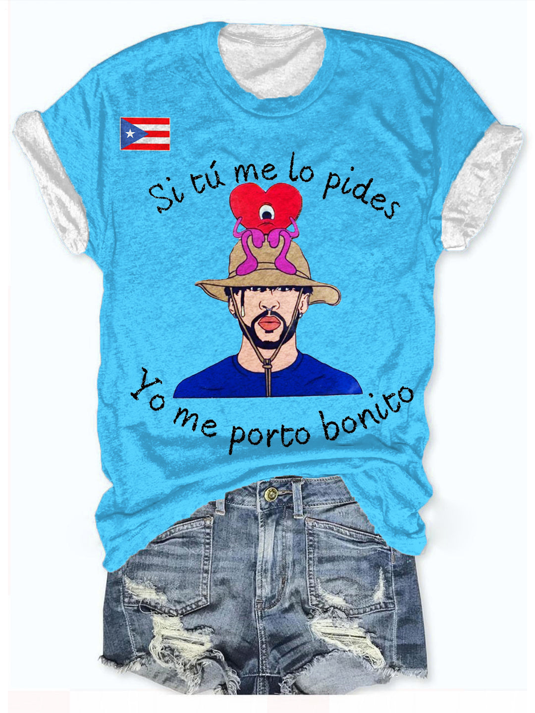 Bad Bunny Portrait Love Print Crew Neck T-shirt