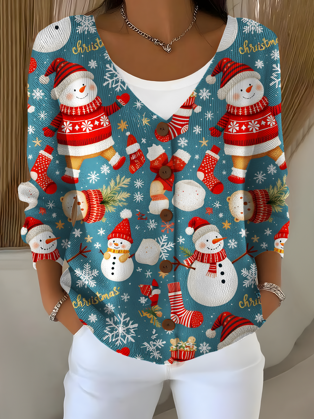 Retro Christmas Snowman Casual V Neck Pullover Sweater