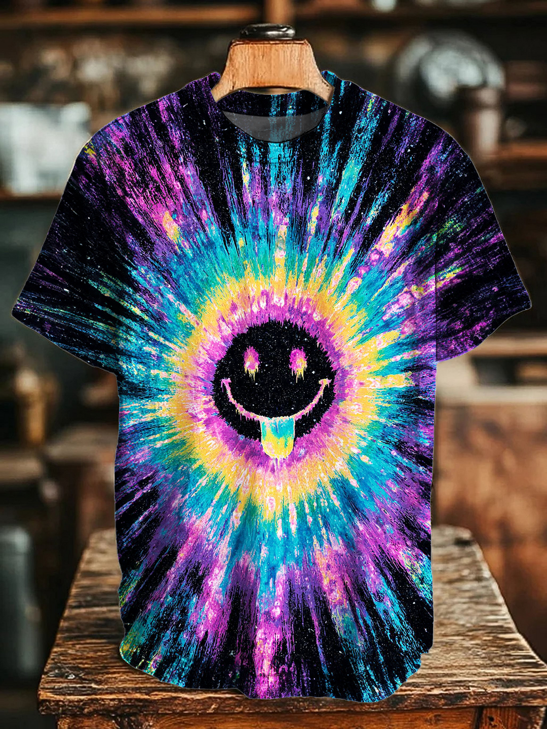 Neon Tie-dye Hippie Smiley Face Crew Neck T-shirt
