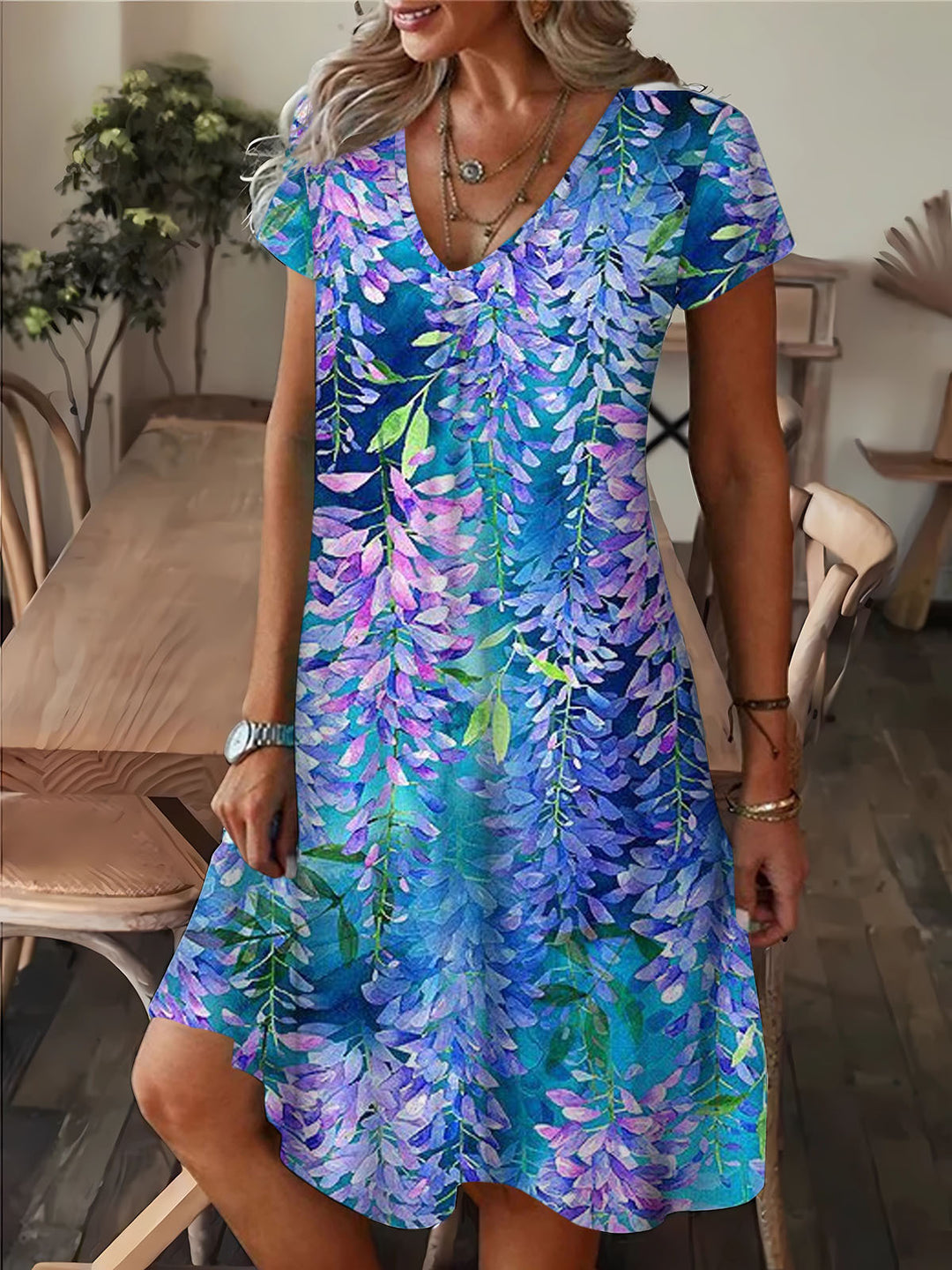 Gradient Branch Print V Neck Short Sleeve Midi Dress
