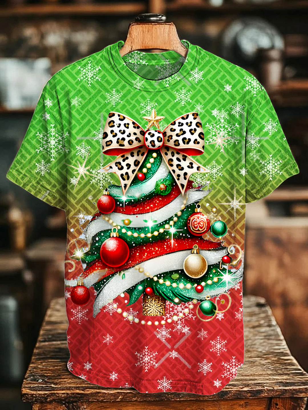 Gradient Glitter Christmas Tree Crew Neck T-shirt