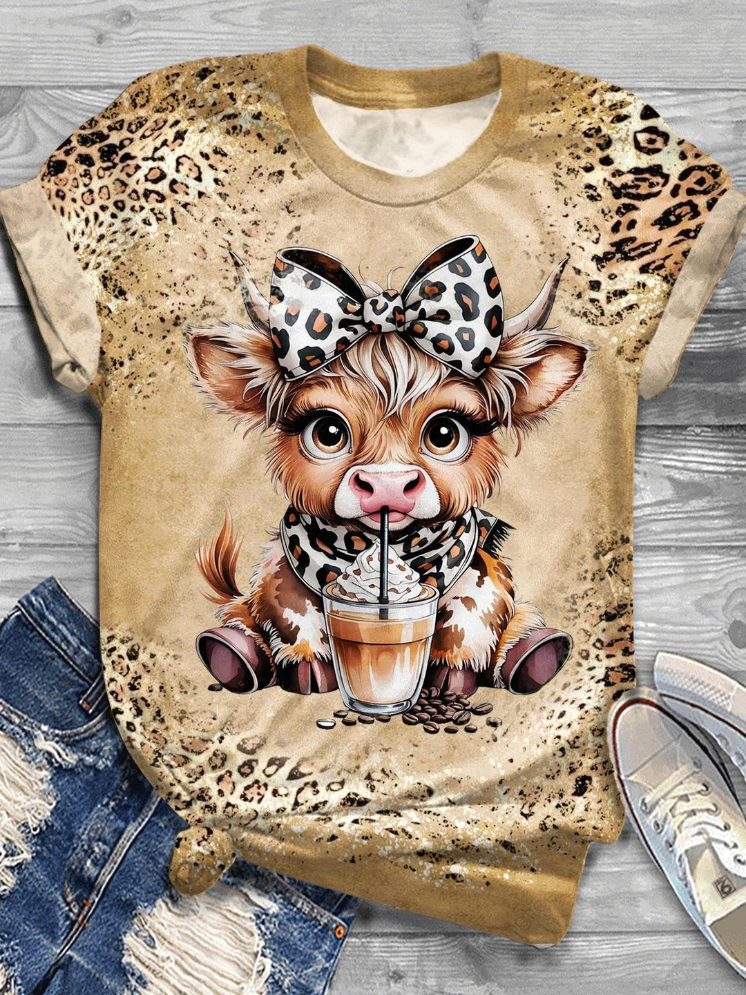 Vintage Leopard Print Highland Cow Crew Neck T-shirt
