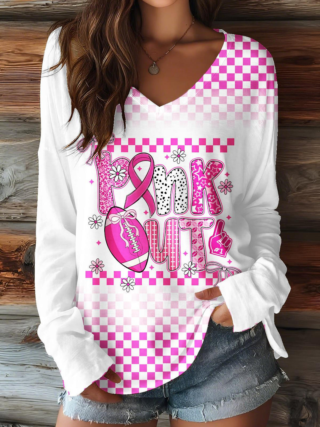 Breast Cancer Awareness Print V-neck Long Sleeve Top