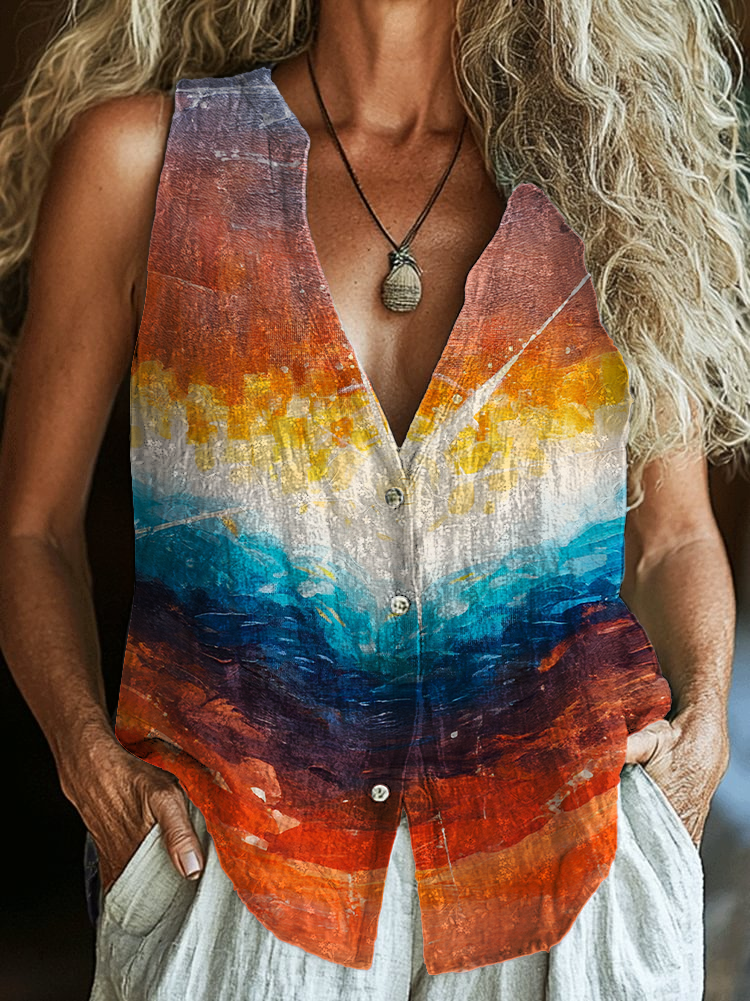 Retro Gradient Hippie Daylight Art Printed Sleeveless Cotton Crinkled Shirt