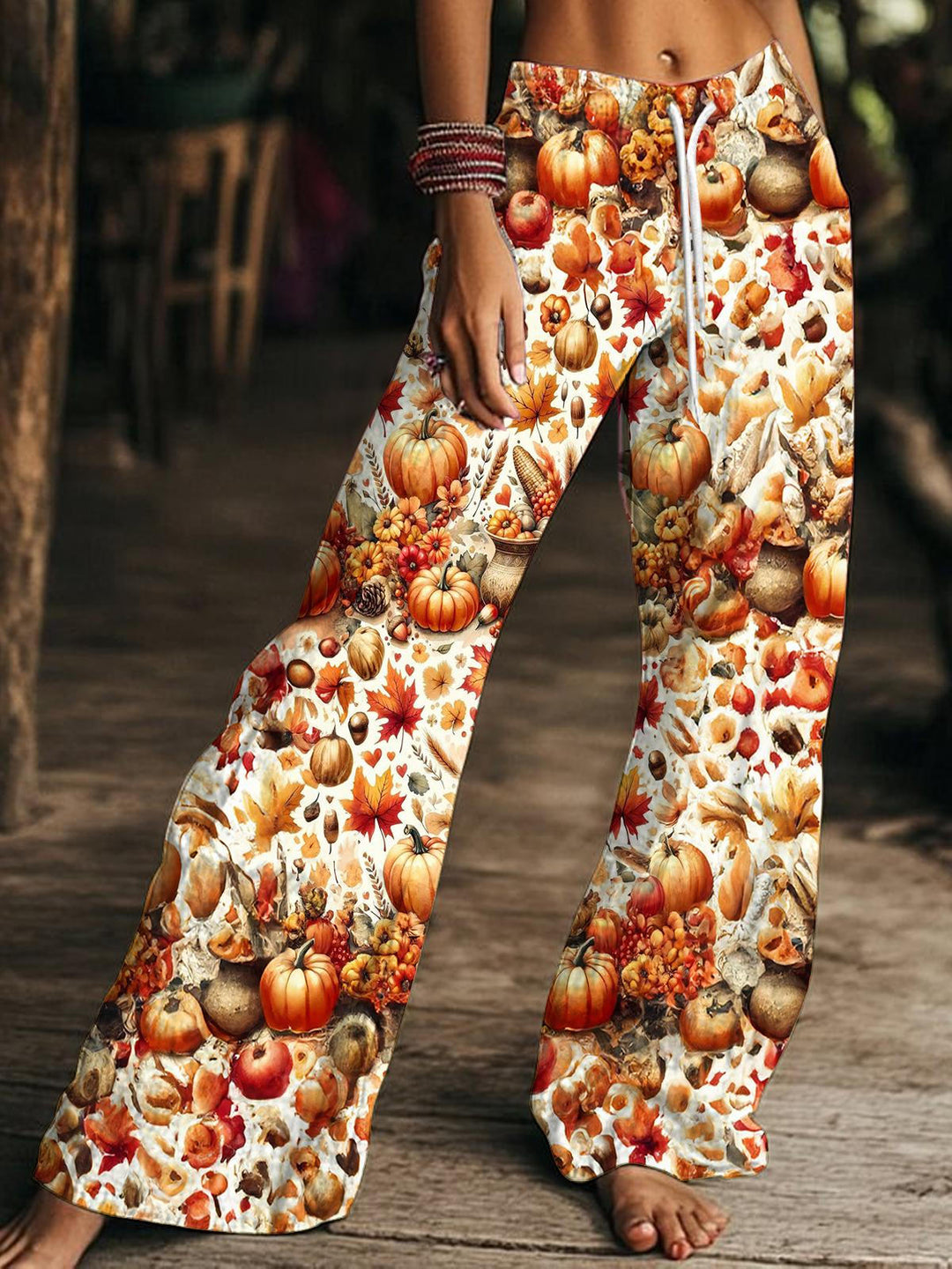 Women's Autumn Pumpkin Print Drawstring Wide-Leg Pants