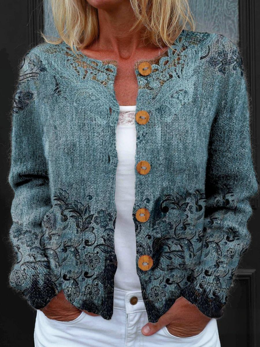 Retro Ethnic Pattern Art Women's Round Neck Long Sleeve Cardigan