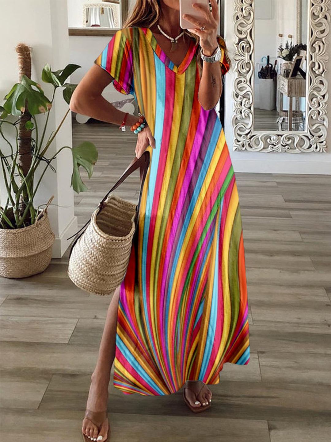 Short Sleeve V Neck Maxi Dress