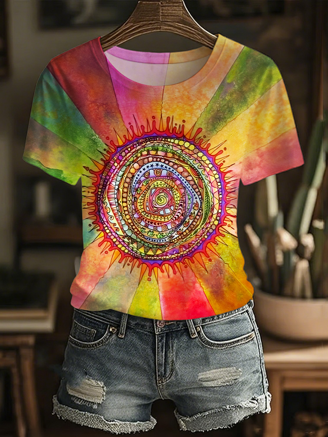 Vintage Hand Drawn Hippie Art Crew Neck T-shirt