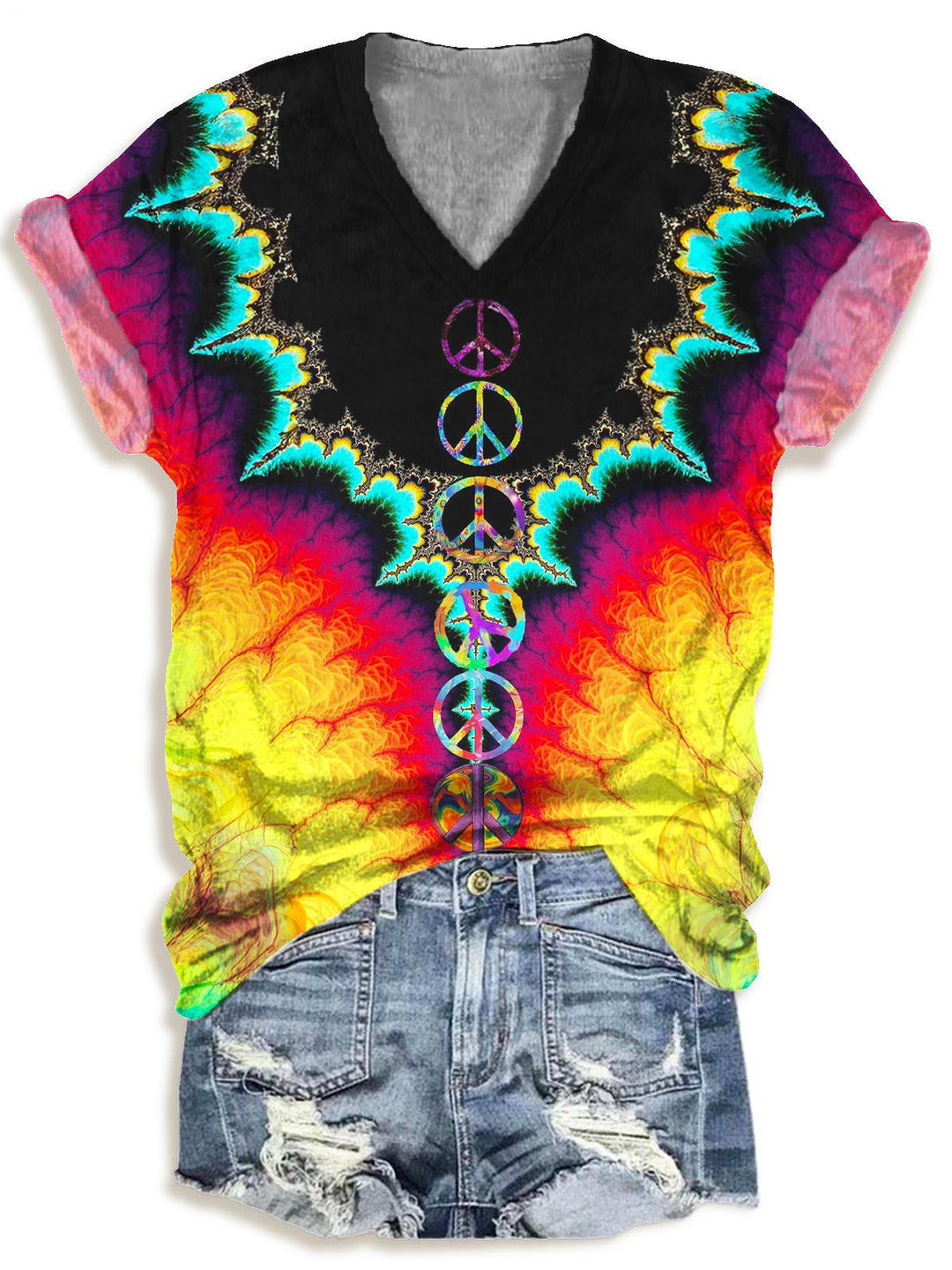 Vintage Tie-Dye Hippie Print V-neck T-Shirt