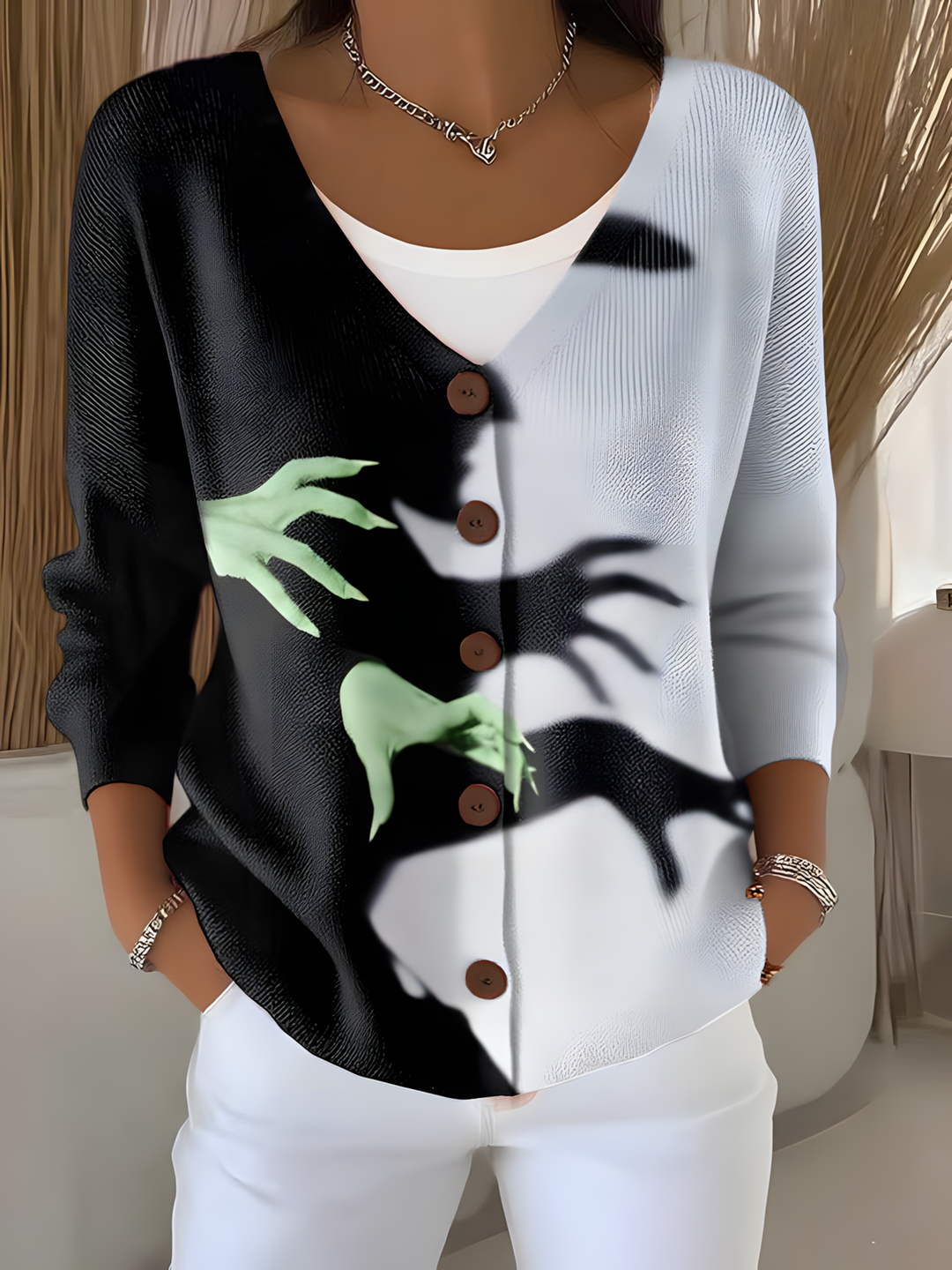 Witch Art Print Button V-neck Cardigan Sweater
