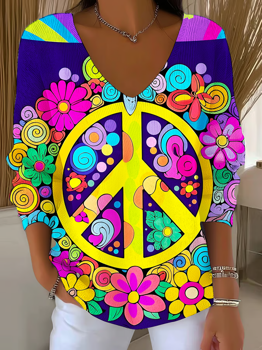 Psychedelic Hippie Retro Peace Art Casual V Neck Pullover Sweater