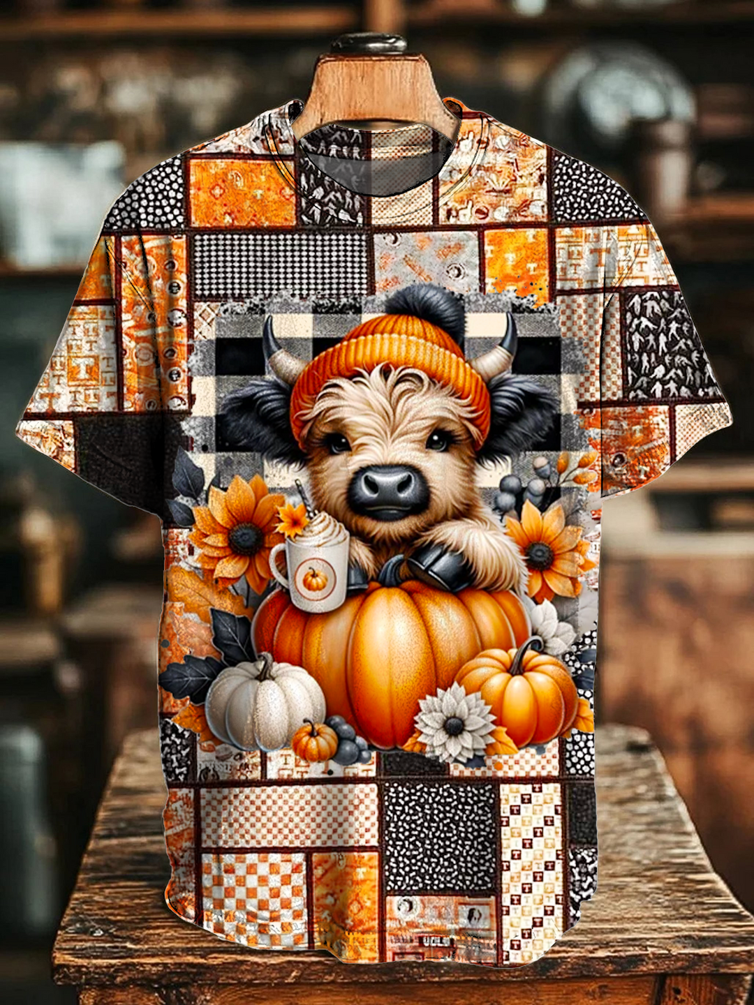 Patchwork Pumpkin Highland Cow Crew Neck T-shirt