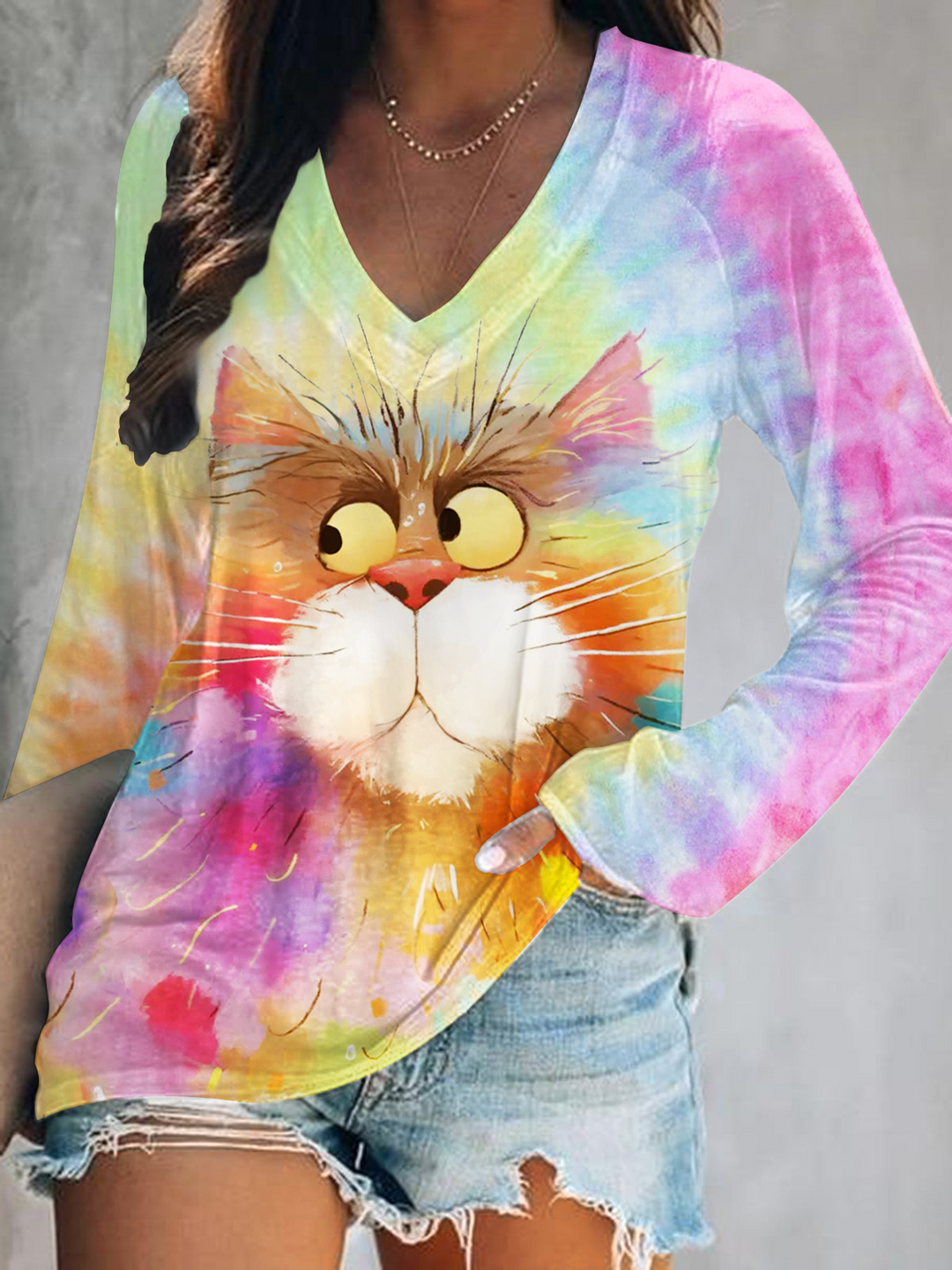 Tie-dye Watercolor Quirky Cat Print V-Neck Long Sleeve Top