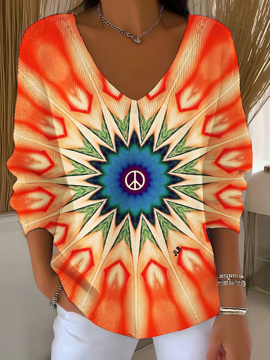 Gradient Hippie Peace Kaleidoscope Art Casual V Neck Pullover Sweater