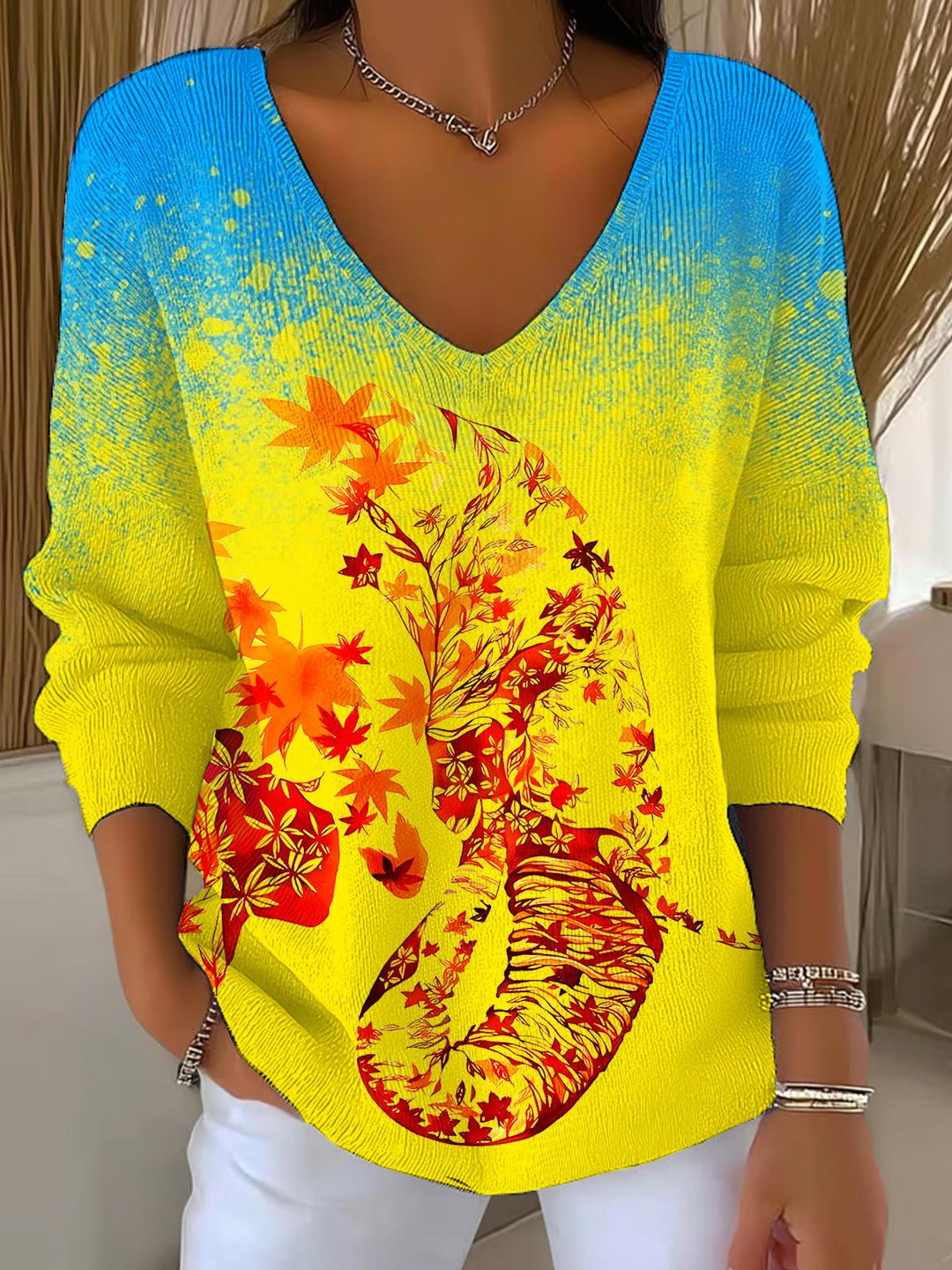 Autumn Leaf Elephant Print Casual V Neck Pullover Sweater