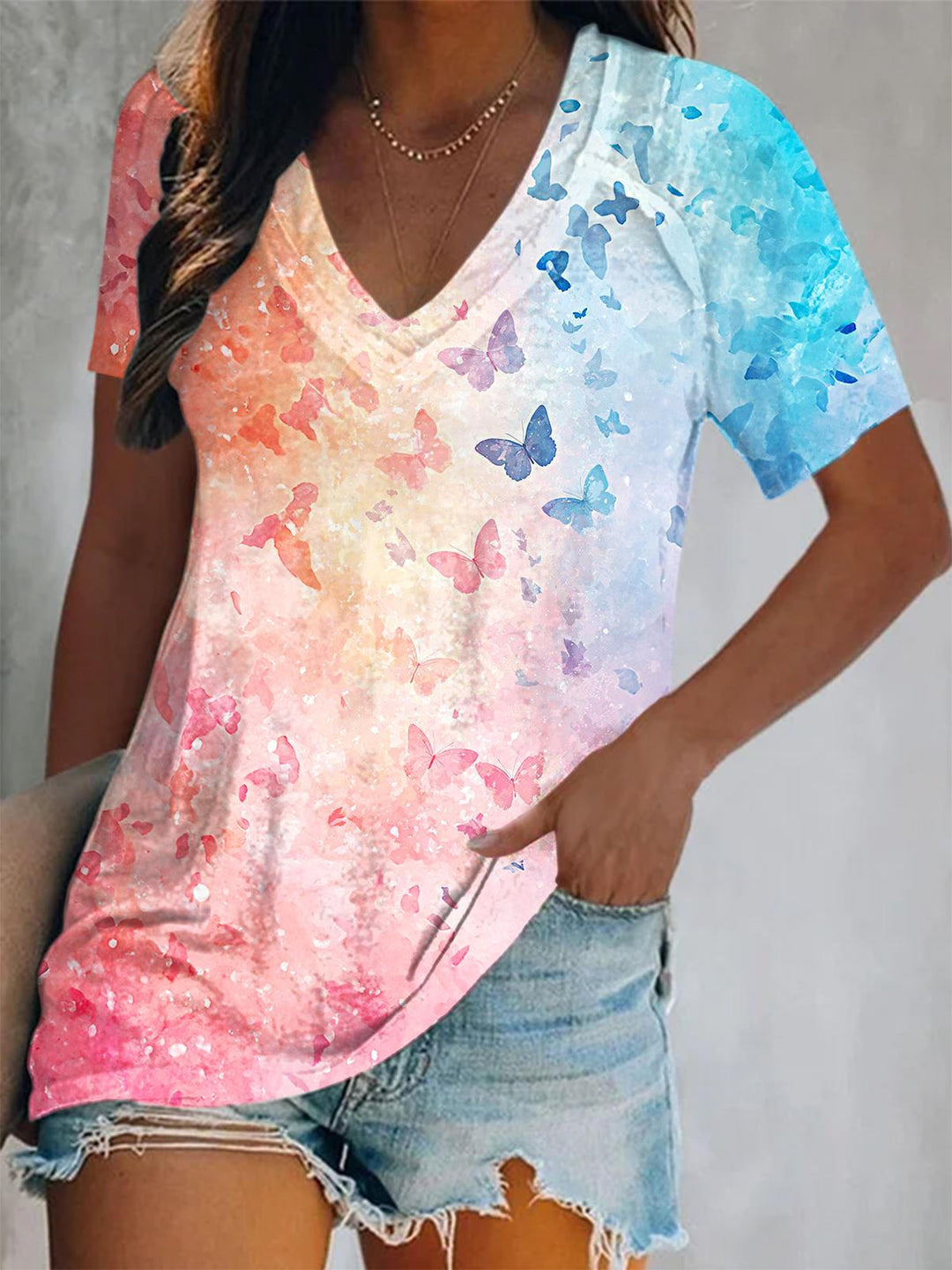 Colorblock Butterfly Print Short Sleeve V Neck Print Top