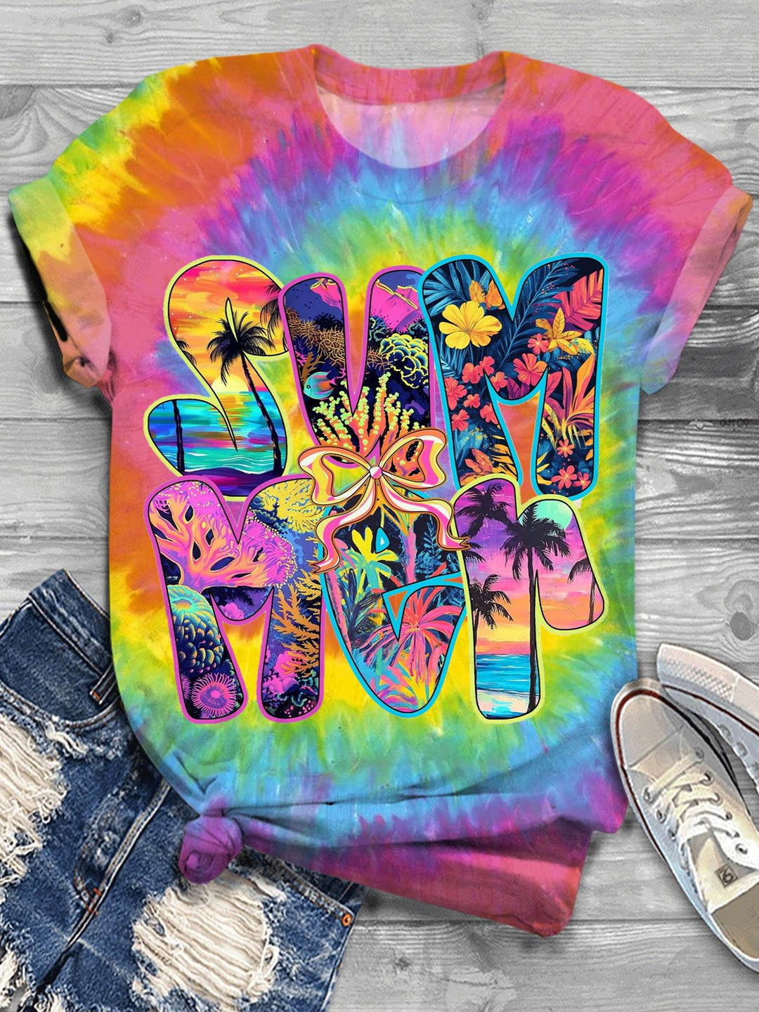 Coquette Summer Vibes Tie Dye Crew Neck T-shirt