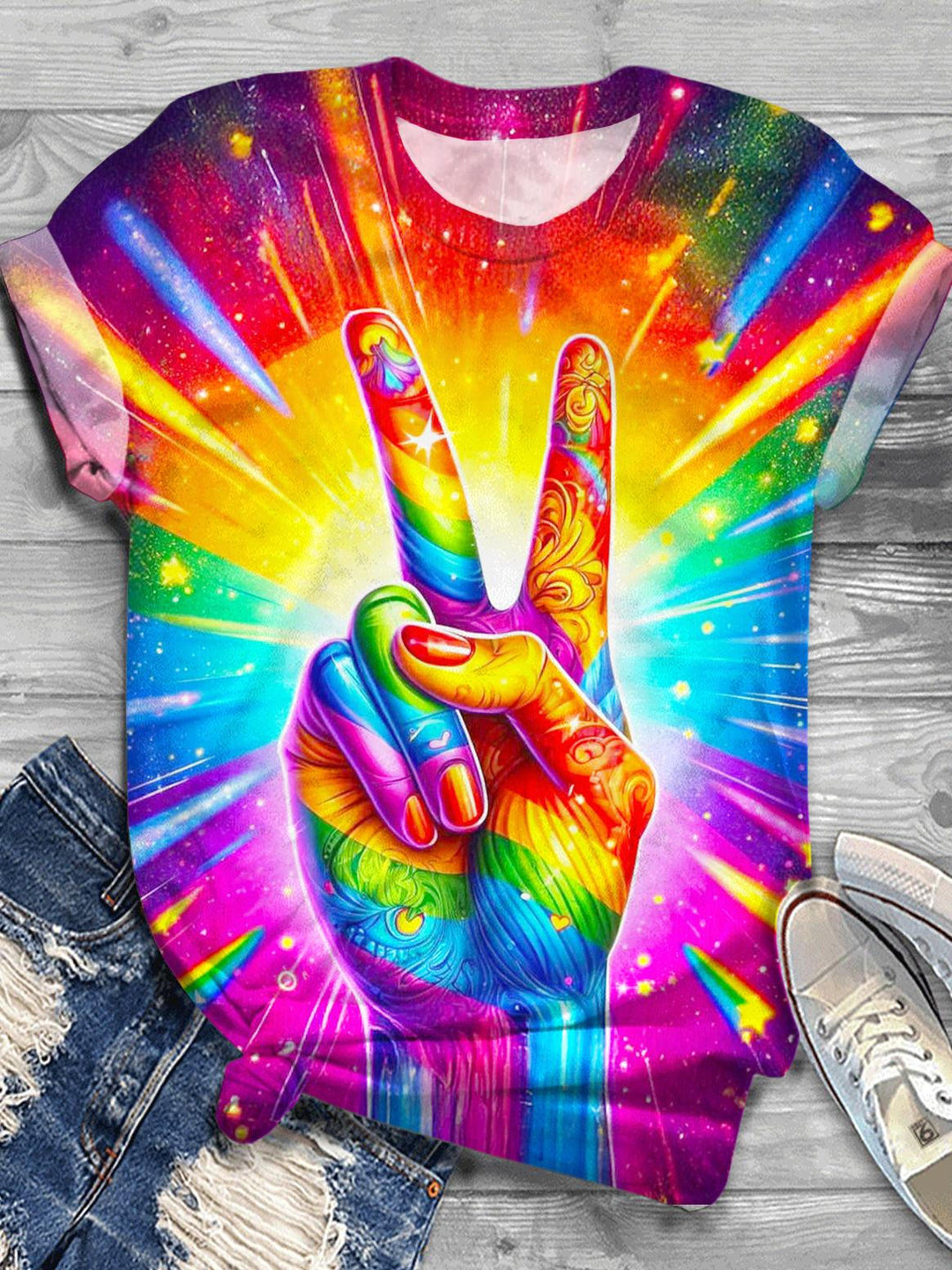 Retro Hippie Printed Crew Neck T-shirt