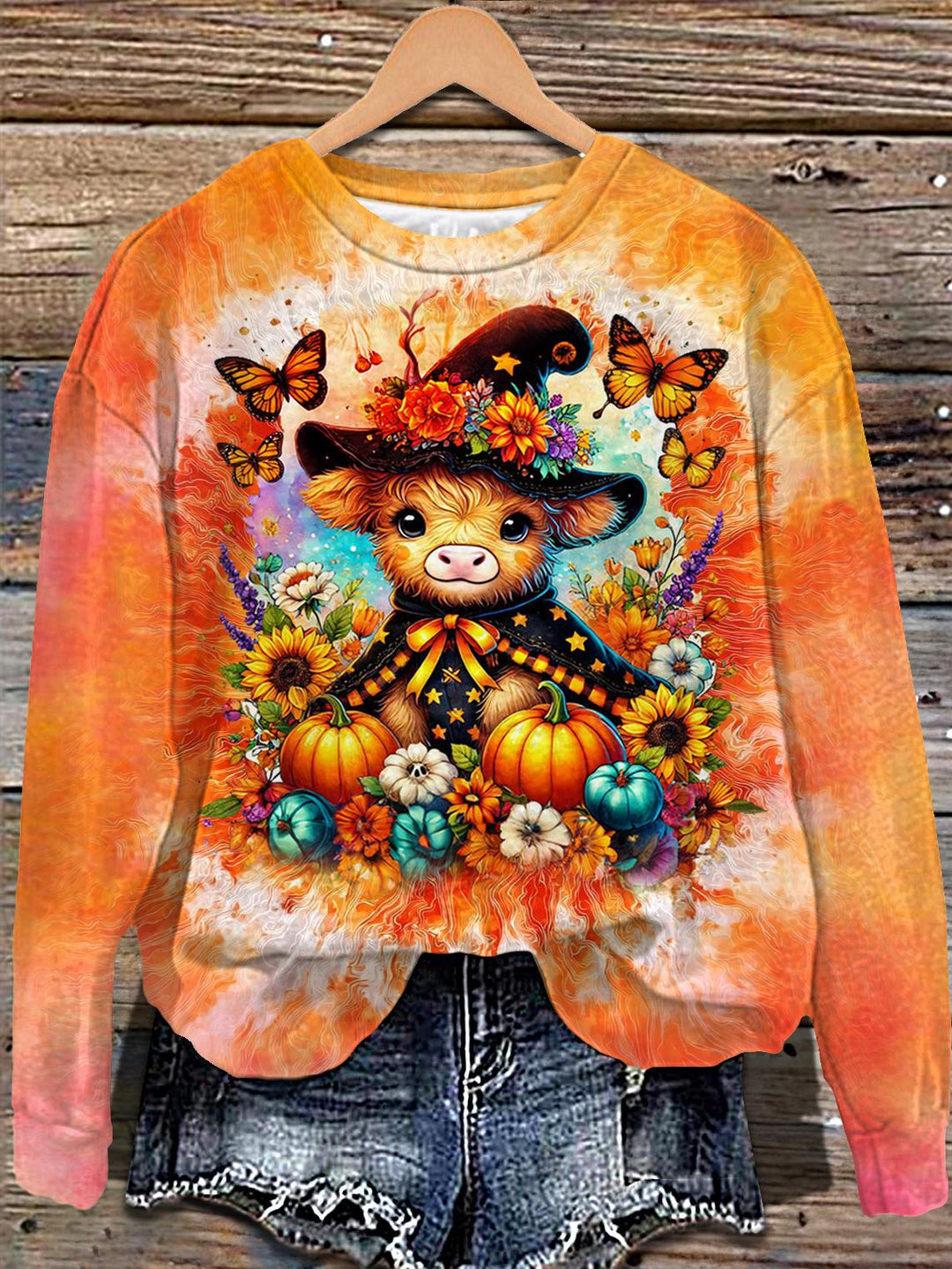 Fall Halloween Highland Cow Printed Long Sleeve Casual Top