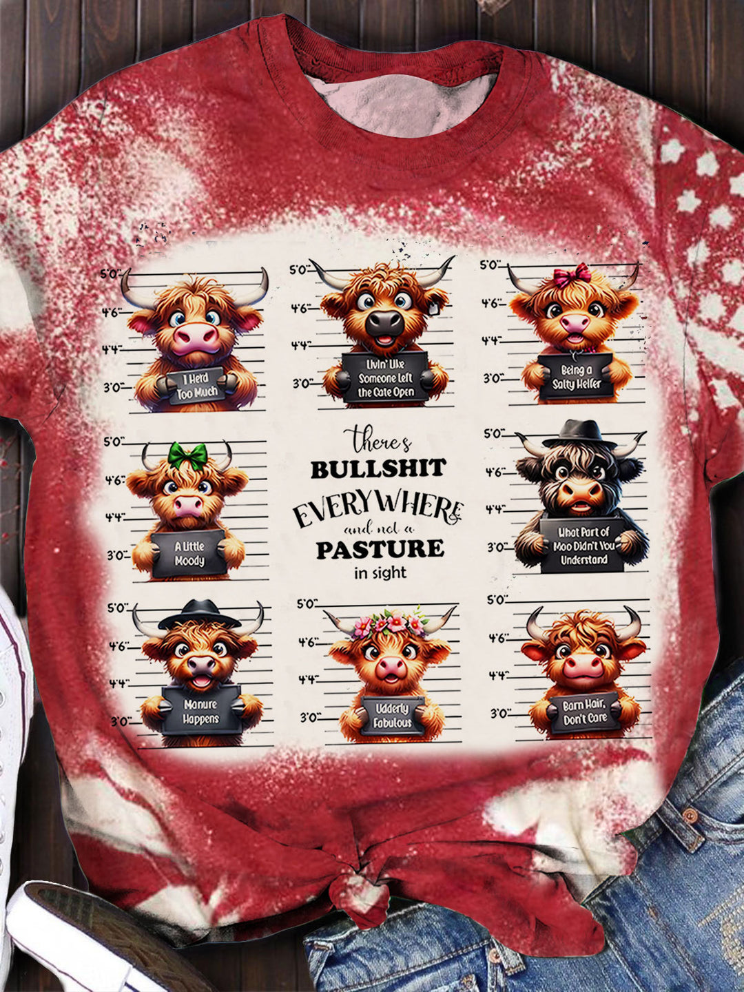 There's Bullshit Everywhere Funny Cow Print Crew Neck T-shirt