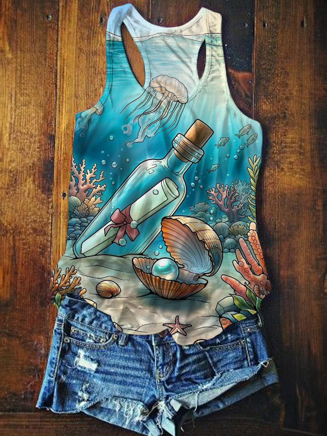 Sea Drawing Printed Casual Tank Top
