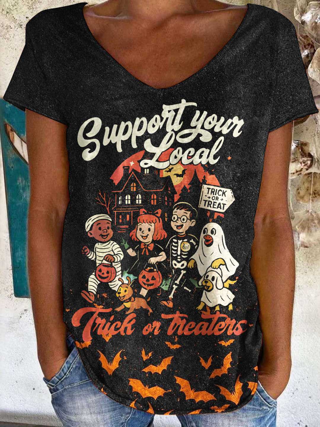 Support Your Local Trick or Treaters Ladies V Neck Tops