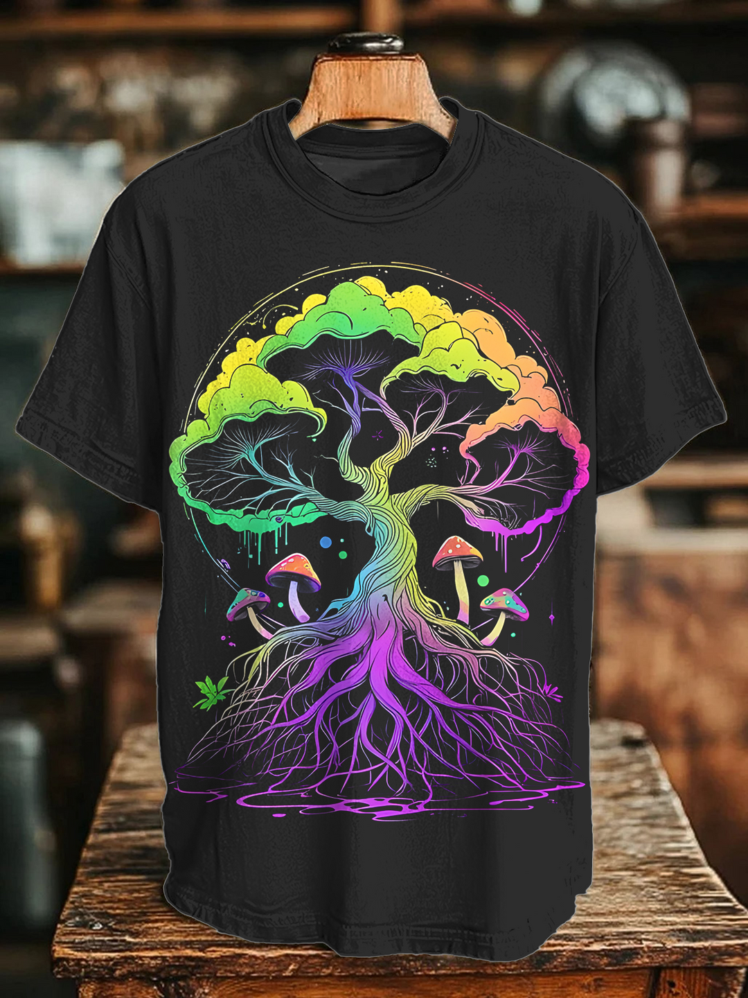Vintage Hippie Mushroom Tree Art Crew Neck T-shirt
