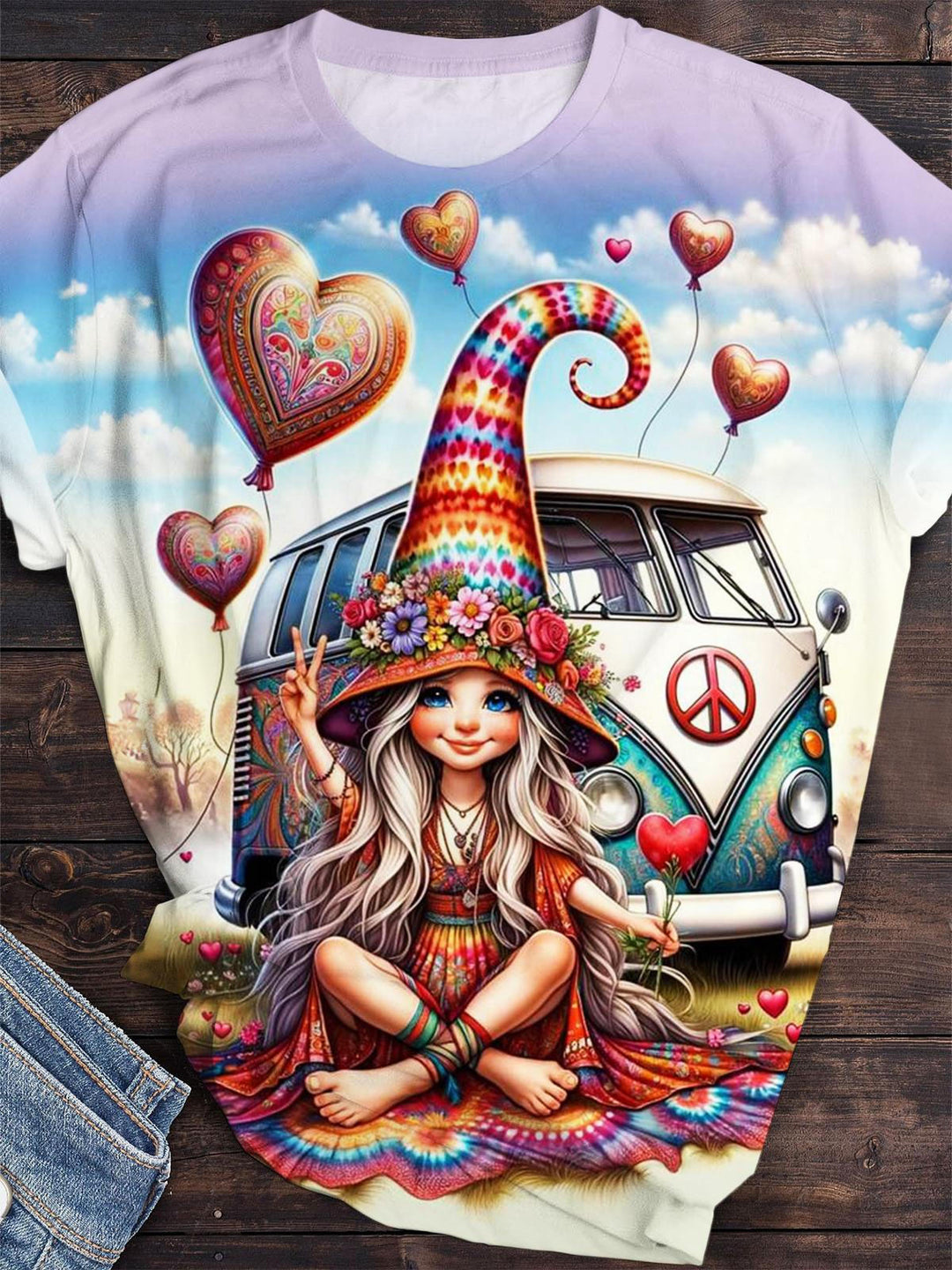 Women's Hippie Gnome Print Crew Neck Top