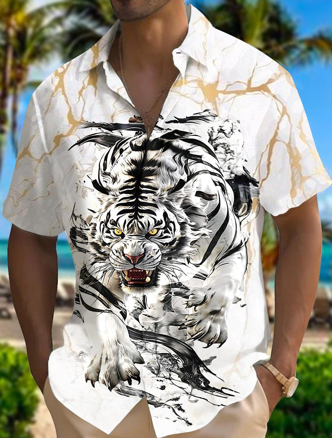 Men's Platinum Tiger Print Pocket Short Sleeve Stand Collar Shirts