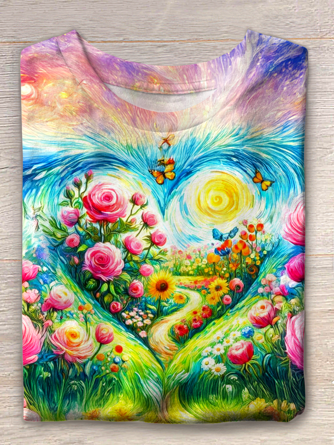 Colorful Hippie Sun Rose Love Crew Neck T-shirt