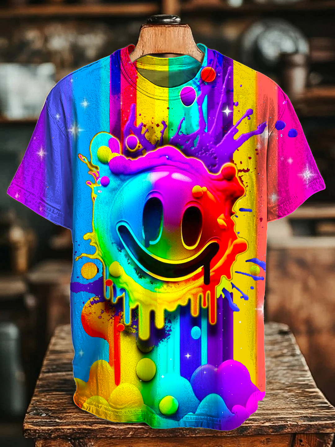 Colorful Hippie Funny Face Art Crew Neck T-shirt