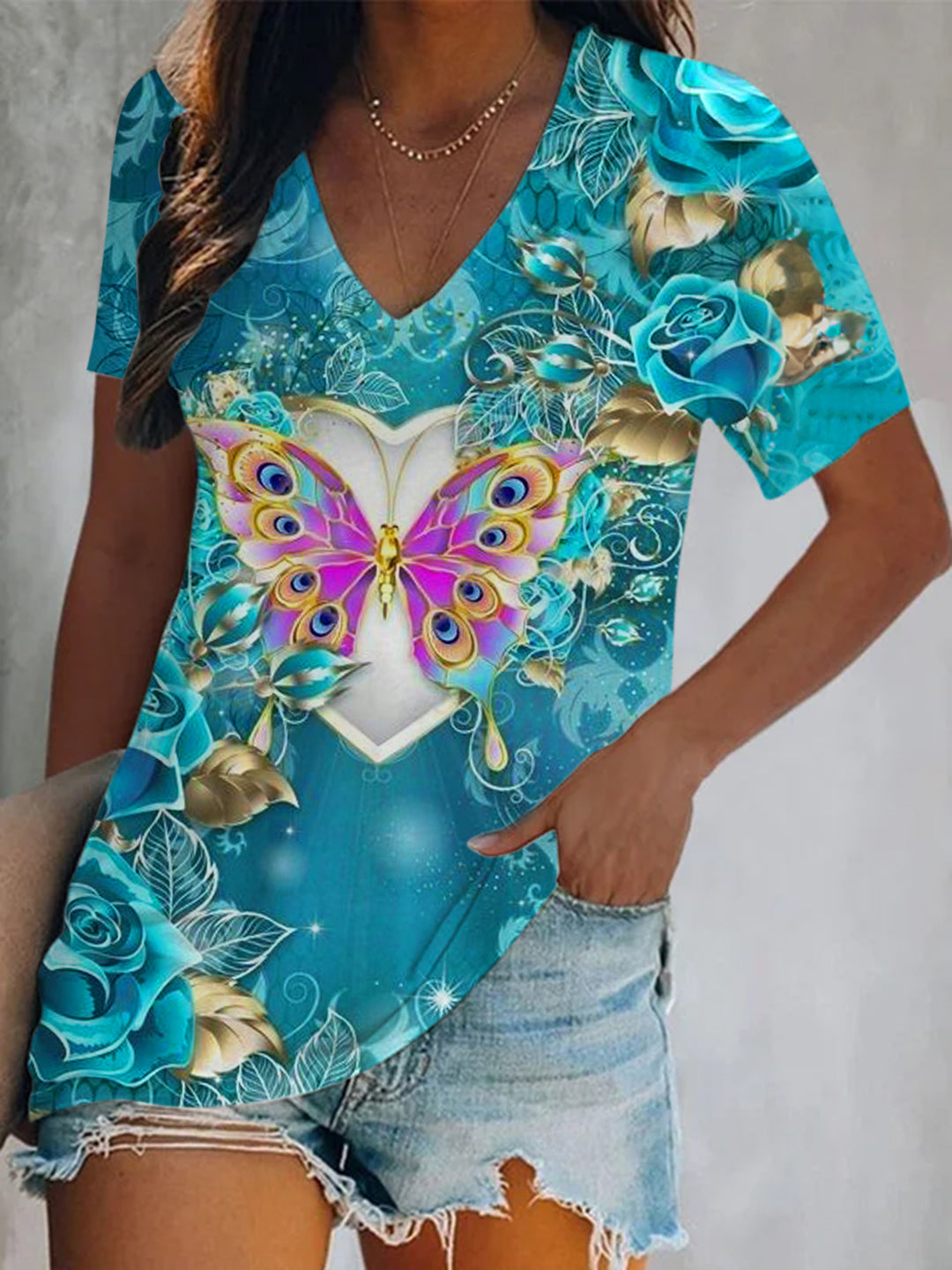 Flower Butterfly Short Sleeve V Neck Print Top