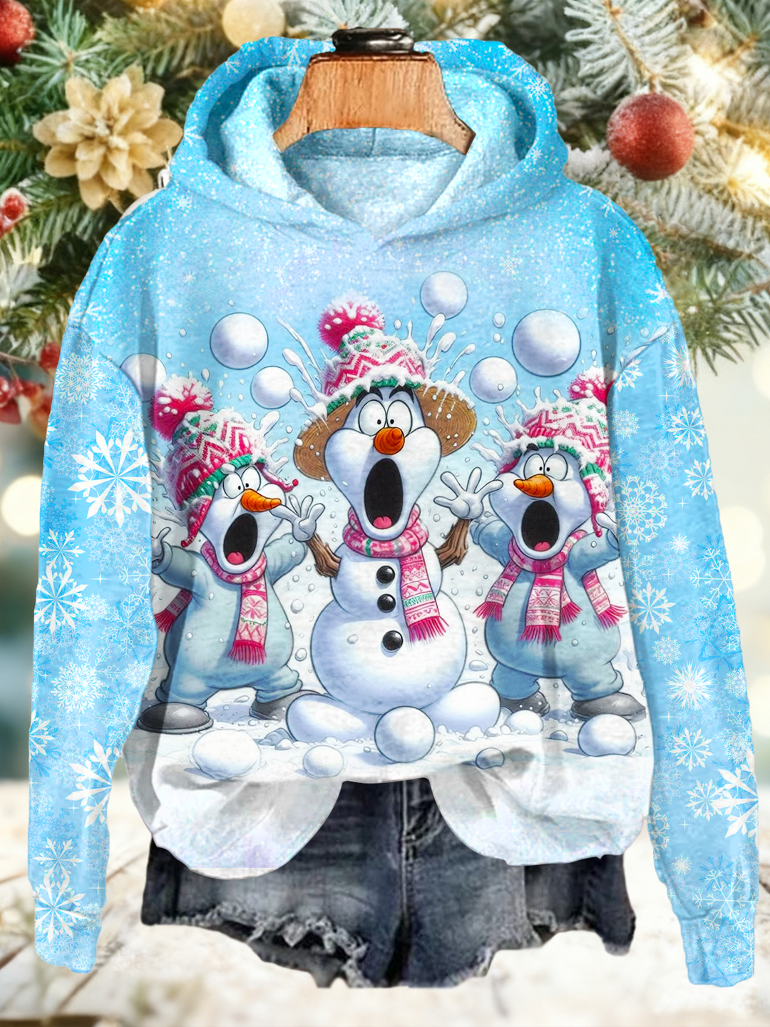 Winter Christmas Fun Snowman Long Sleeve Printed Hoodie