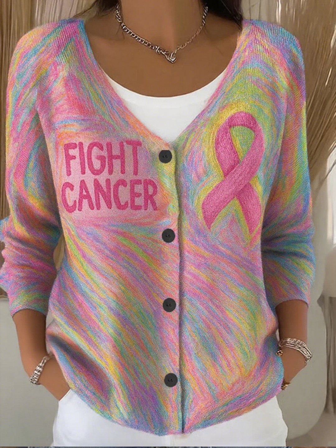 FIGHT CANCER Print Button V-neck Cardigan Sweater