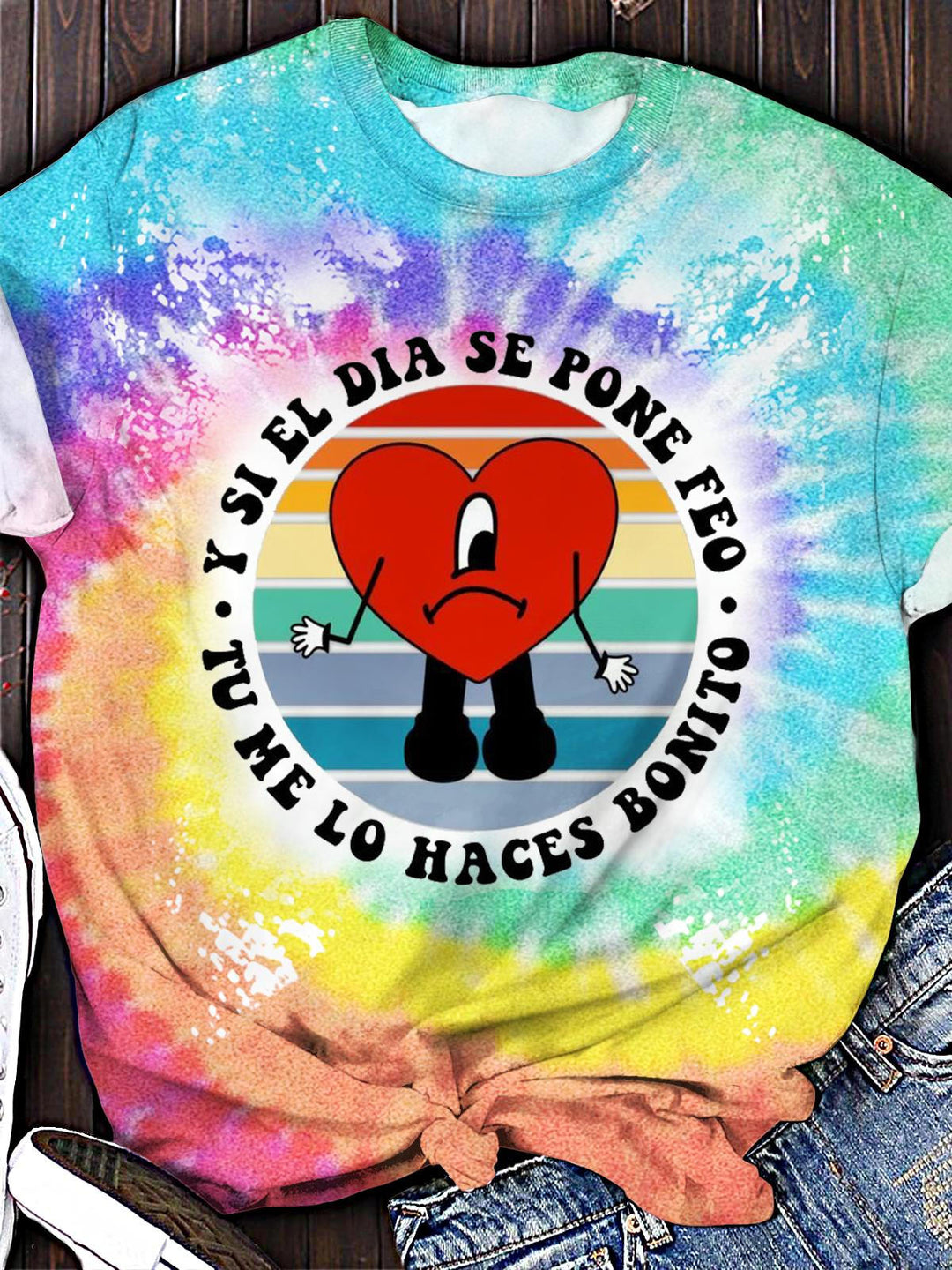 Bad Bunny Tie Dye Love Print Crew Neck T-shirt