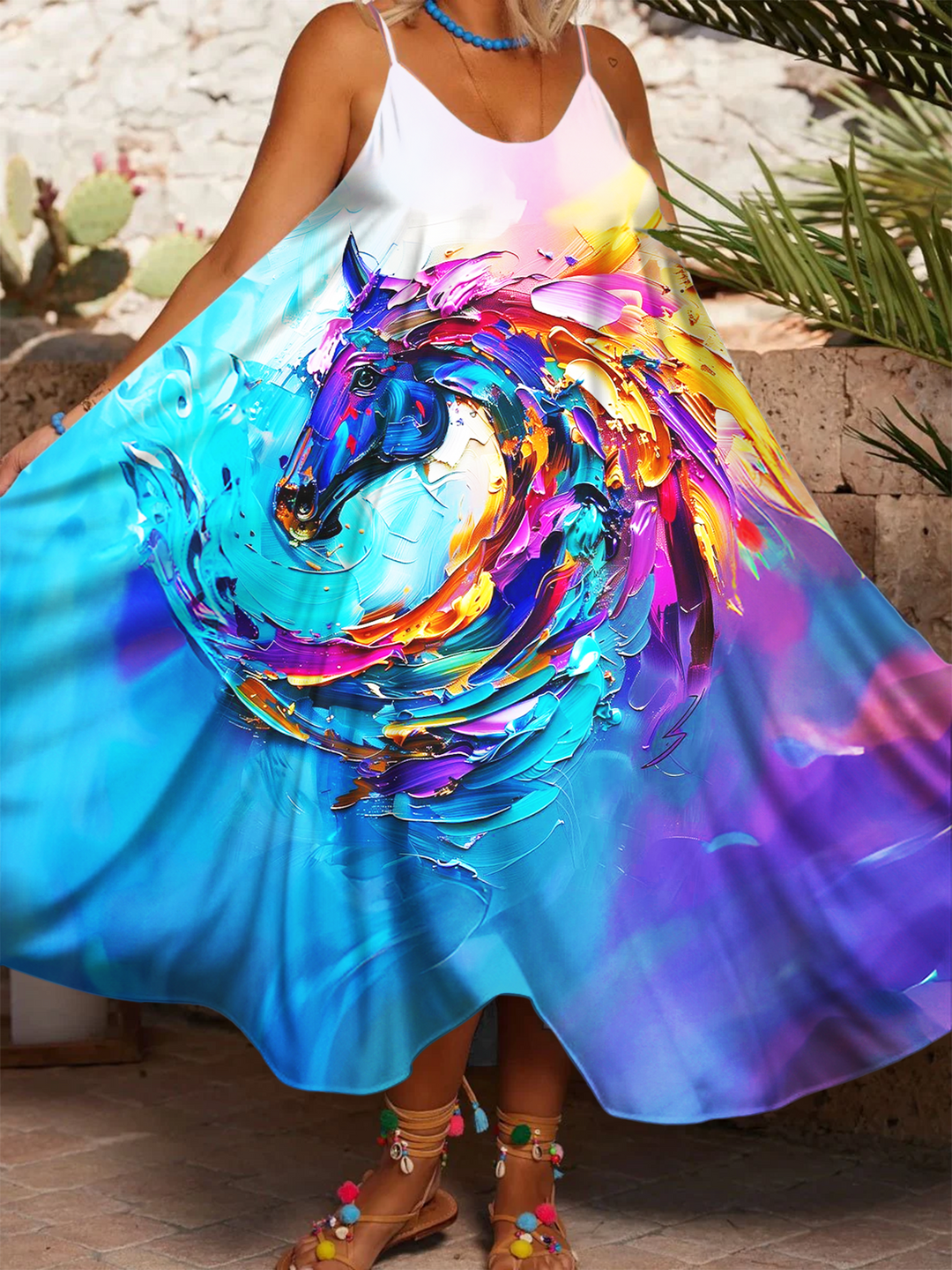 Abstract Colorful Horse Art Printed Casual Spaghetti Strap Dress
