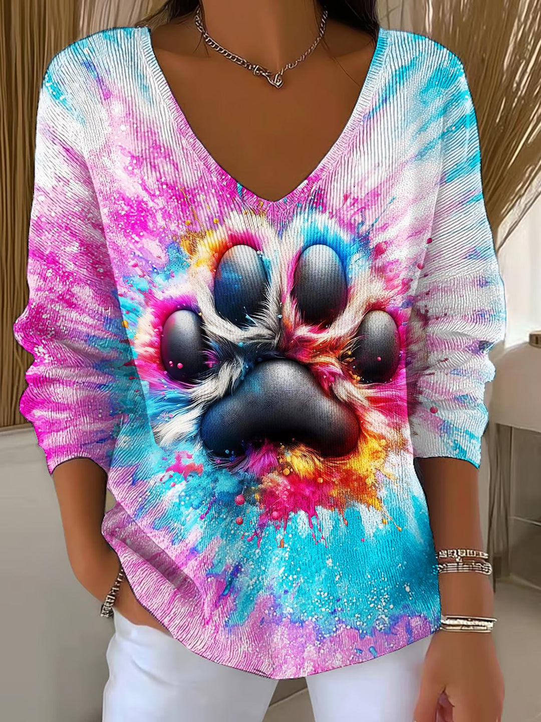 Hippie Cat Claw Tie Dyeing Casual V Neck Pullover Sweater