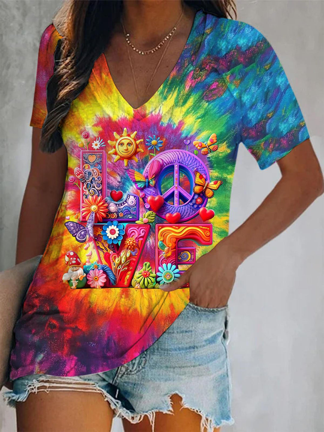 Love Hippie Soul Short Sleeve V Neck Print Top