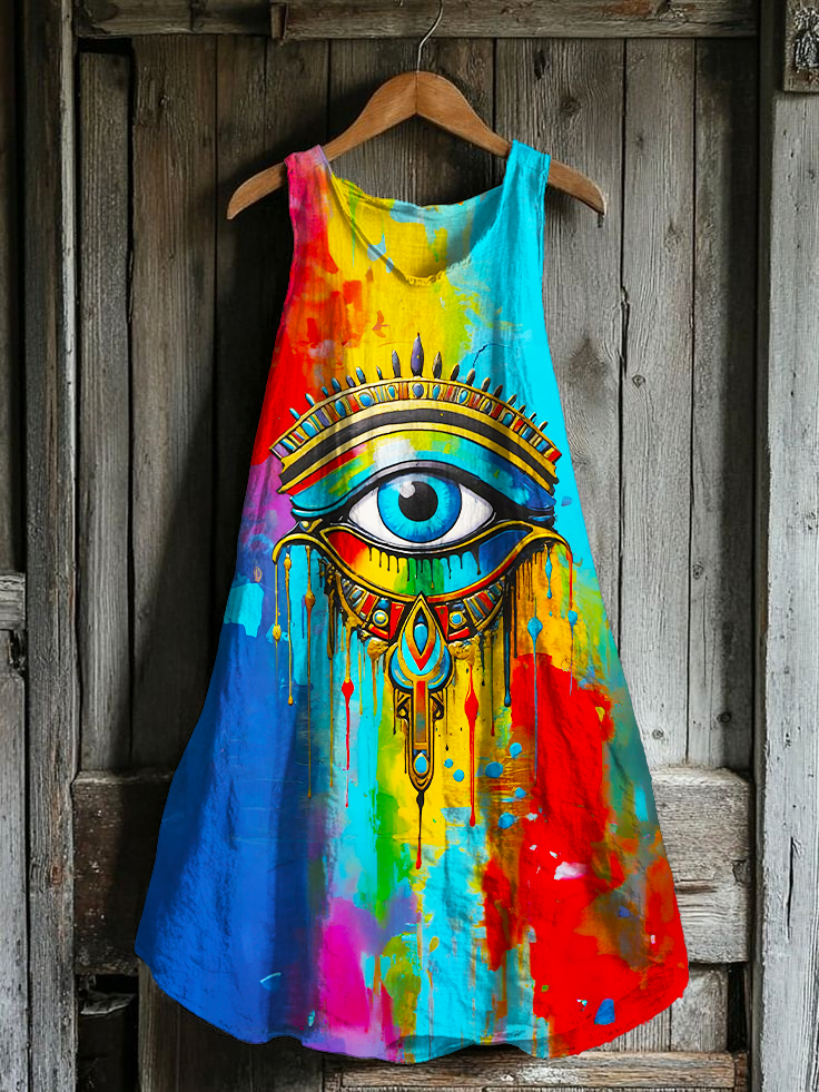 Colorful Hippie Peace Eye Art Exquisite Hemp Sleeveless V-Neck Dress