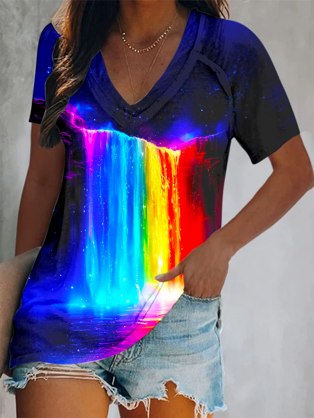 Colorful Hippie Waterfall Short Sleeve V Neck Print Top