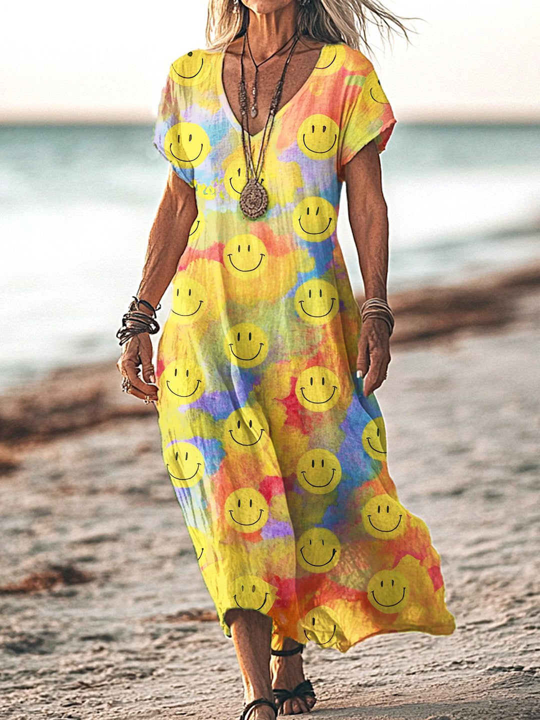 Retro Tie-Dye Hippie Smiley Face V-neck Short Sleeved Long Dress