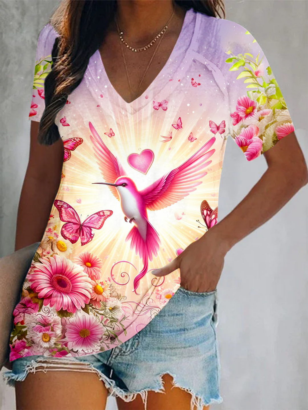 Glitter Pink Flowers Butterflies Hummingbirds Love Short Sleeve V Neck Print Top
