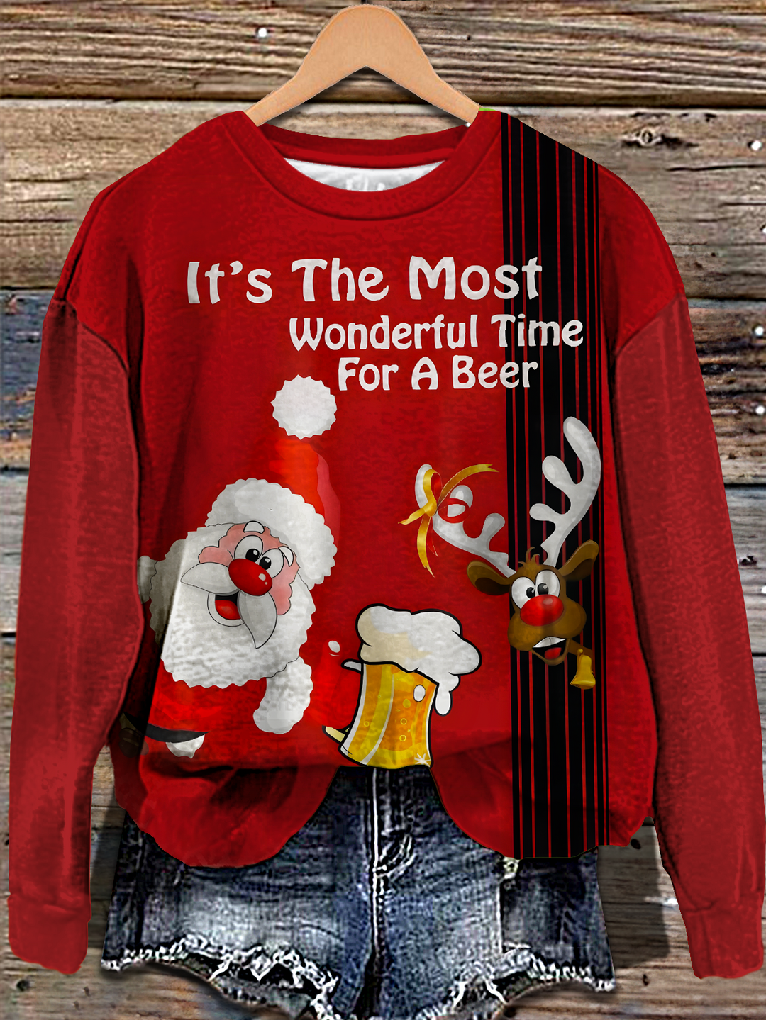Santa Claus Reindeer Beer Printed Long Sleeve Casual Top