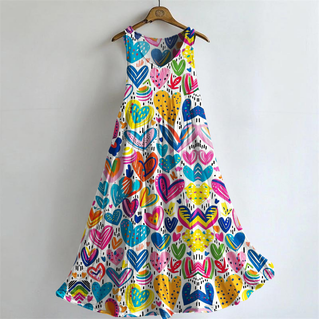 Colorful Hippie Love Art V-neck Bamboo Linen Sleeveless Dress