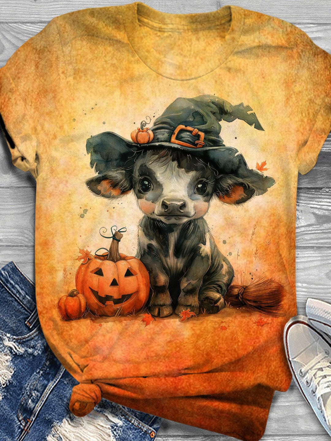 Cute Halloween Cow And Pumpkin Crew Neck T-shirt